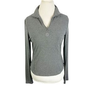 Snoskins Gray 1/4 Zip pullover Beaded Snowflake Crop Length Ski Cabin Size S